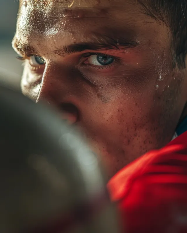 Close-up of a Russian shot put athlete’s focused face with sweat droplets as they prepare outdoors.