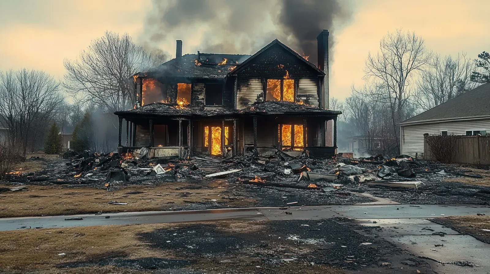 A two-story house burns with thick smoke, leaving charred debris in the yard and driveway behind bare trees.