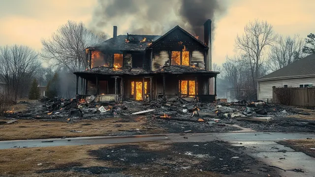 A two-story house burns with thick smoke, leaving charred debris in the yard and driveway behind bare trees.