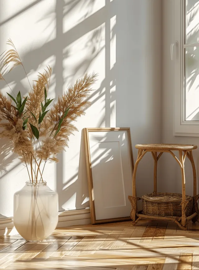 Wooden framed blank poster leans beside a wicker side table on a beige parquet floor in sunlit boho interior.