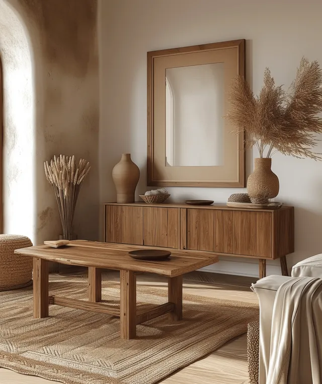 Wooden sideboard with a blank poster frame mockup on the wall and dry pampas stems in a neutral living room.