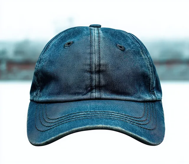 Blue denim baseball cap close-up showing stitching and ventilation eyelets on blurred sky background