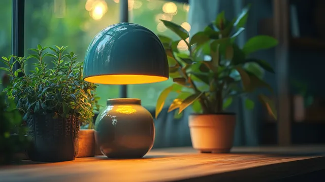 A teal desk lamp glows warmly on a wooden table beside potted green plants with soft blurred lights in the background.