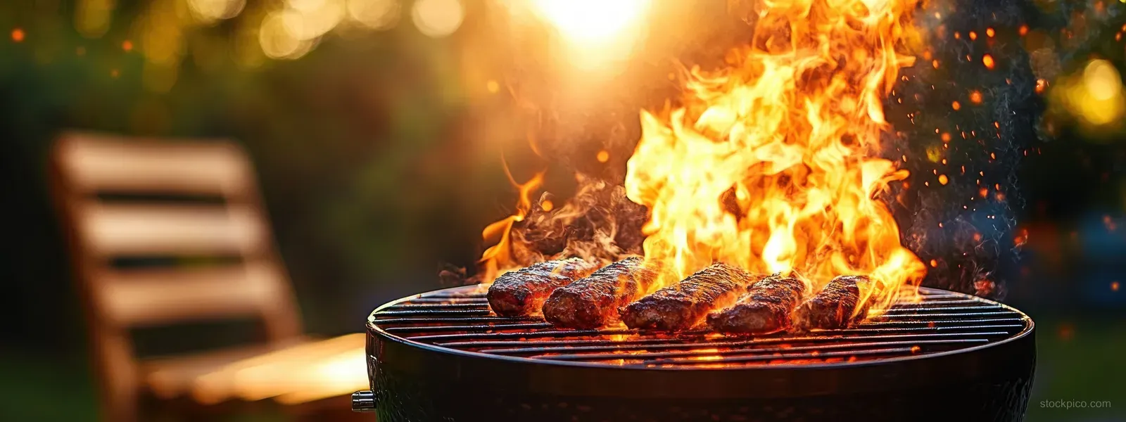 Flames and cooking smoke rise from a round grill with burgers as golden sunlight blurs the outdoor background.