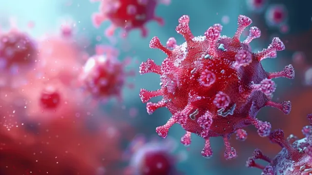 3D coronavirus cell close-up with immune response particles and soft biomedical background