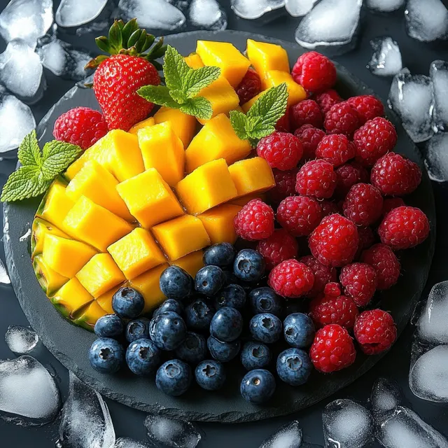 Black plate of cubed mango, raspberries, blueberries, and a strawberry garnished with mint, surrounded by ice cubes.