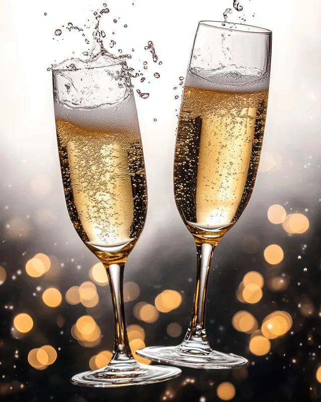 Two champagne flutes clink as sparkling bubbles and droplets fly against blurred golden lights.
