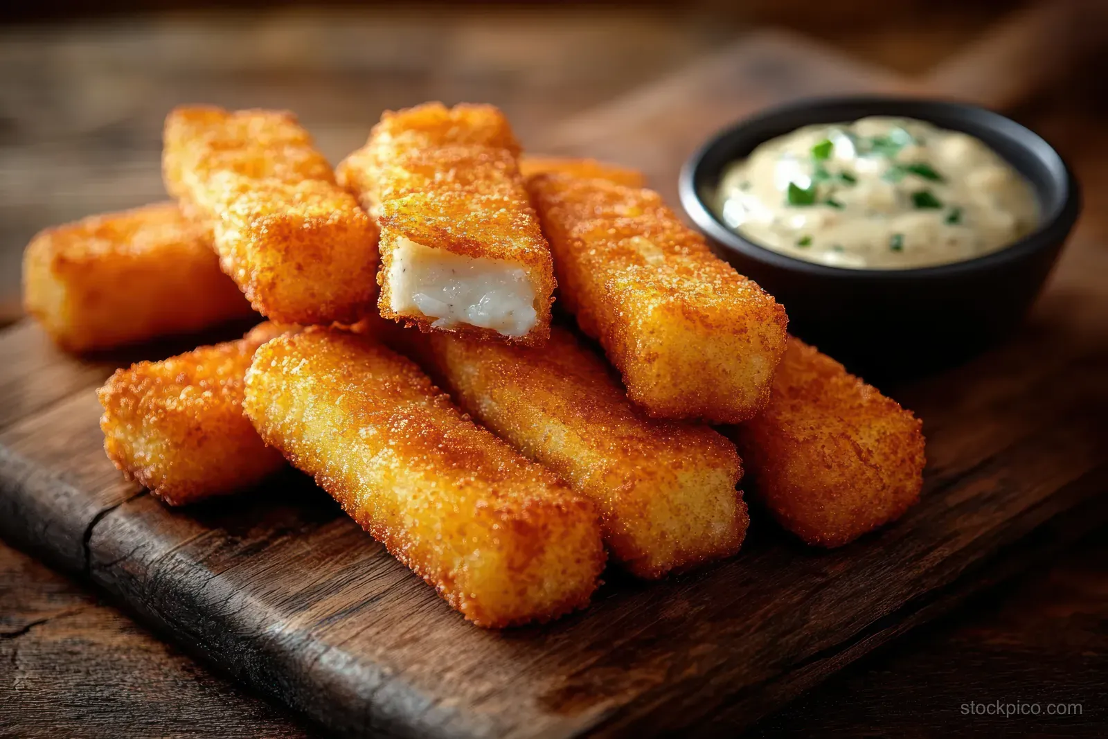 Golden crispy fish sticks rest on a wooden board with a small bowl of creamy herb dipping sauce nearby.