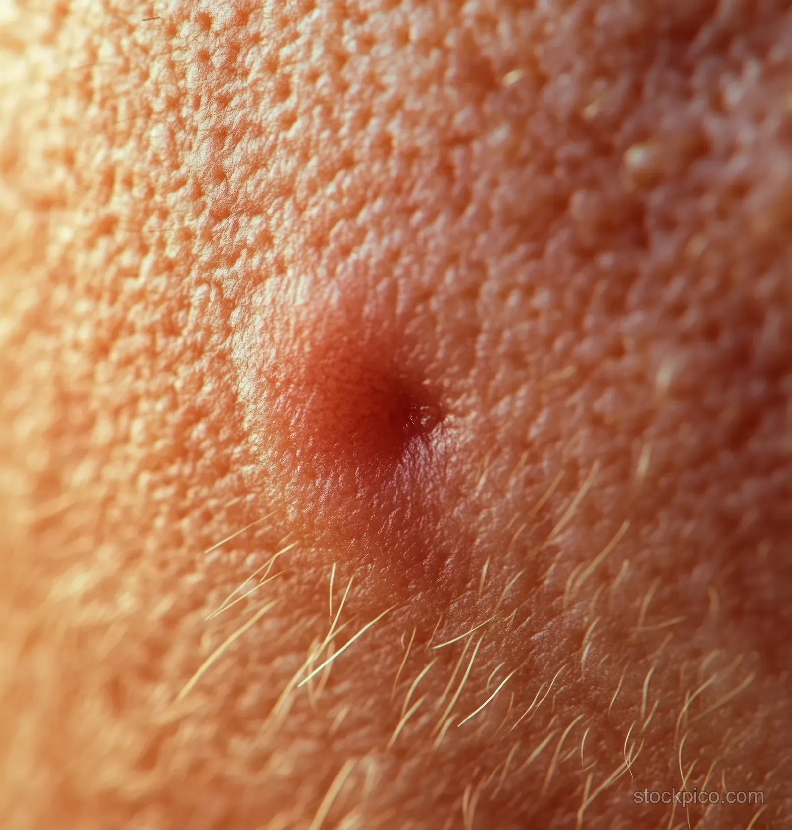 Close-up macro view of human skin with a red swollen bump from a wasp sting and surrounding redness.