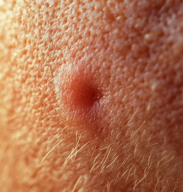 Close-up macro view of human skin with a red swollen bump from a wasp sting and surrounding redness.