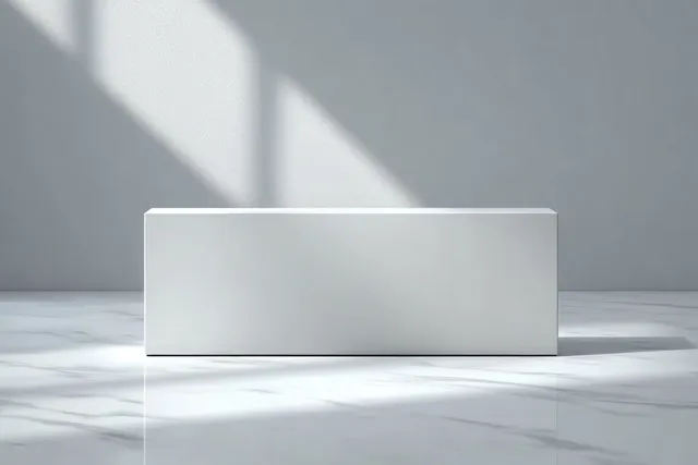 White rectangular pedestal centered on glossy marble floor under soft natural light with sharp shadows.