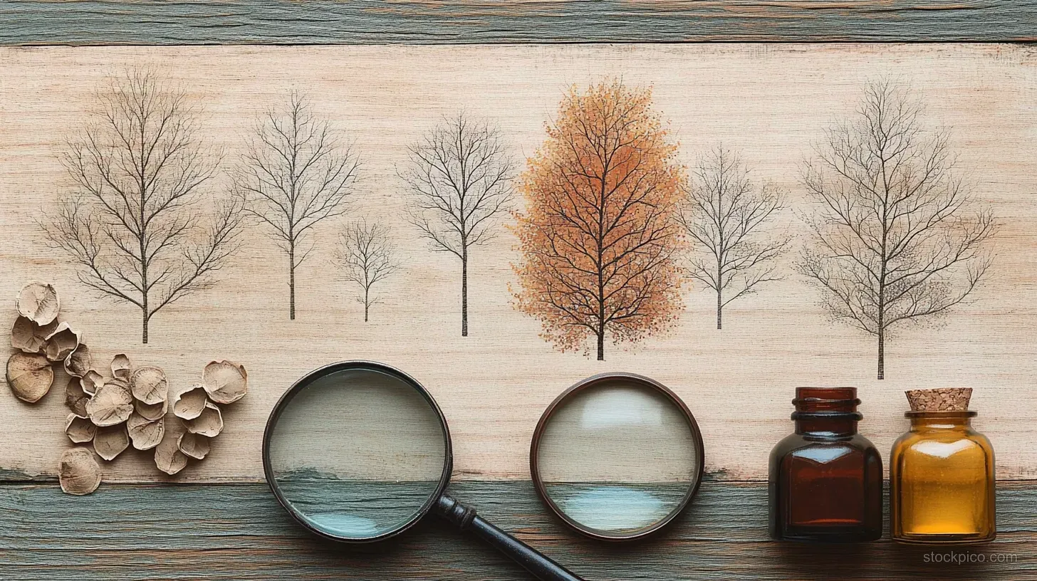 Magnifying glasses and small glass bottles sit beside cutout bare and autumn trees on a wooden surface.