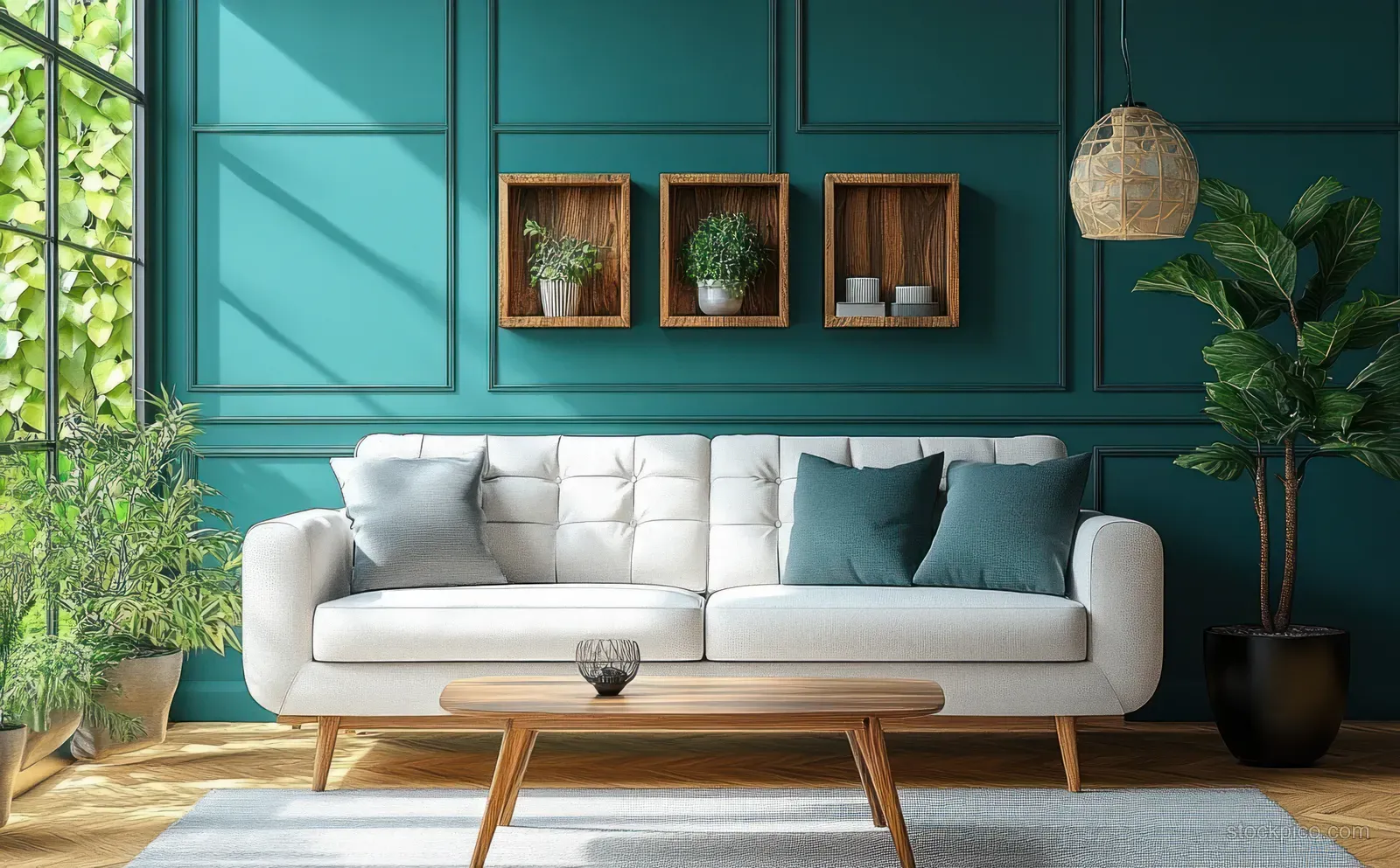 Light gray sofa in a sunlit Scandinavian living room with teal wall panels and potted indoor plants.