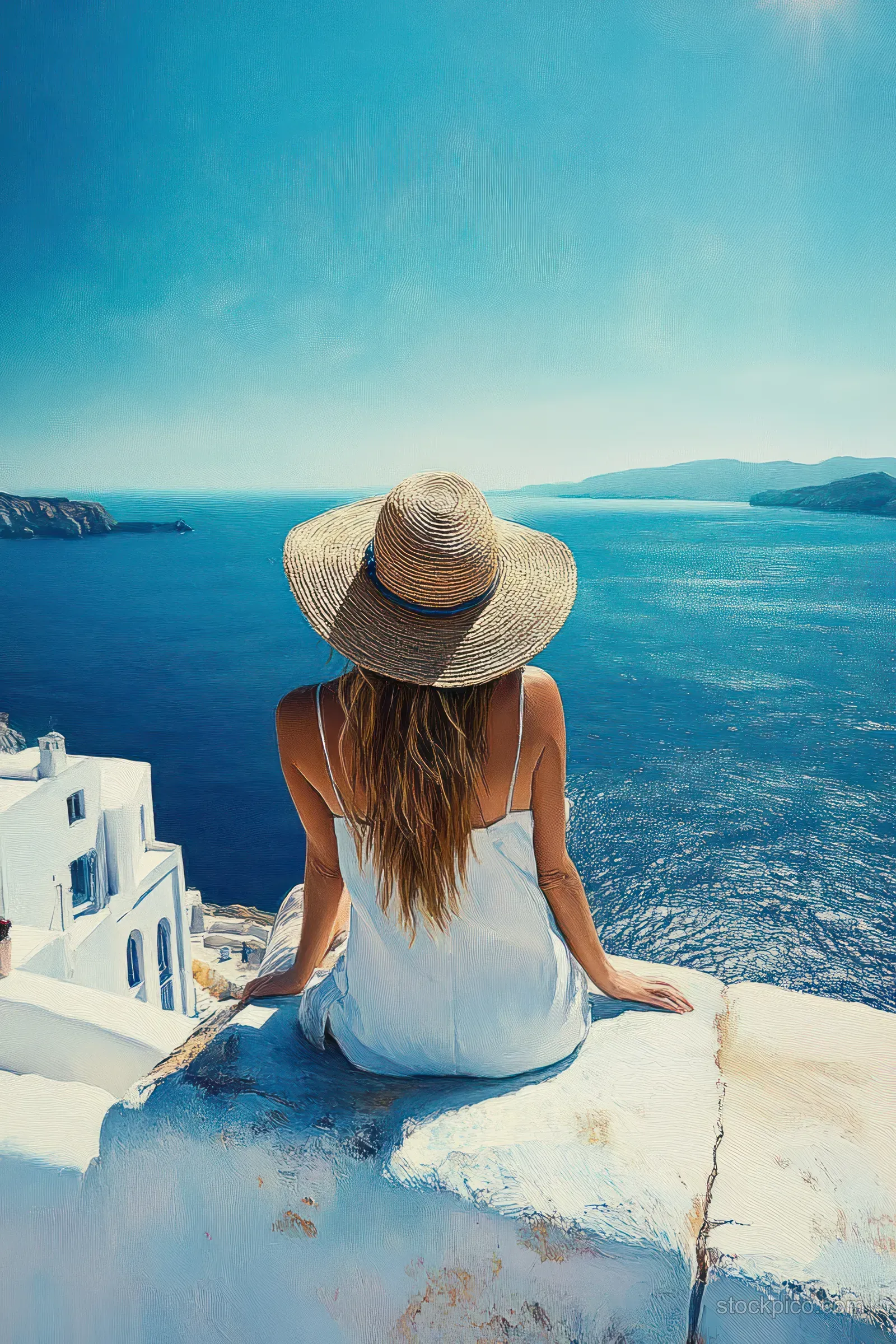 A woman in a white dress and wide-brimmed hat sits on a white stone railing overlooking bright blue sea and distant hills.