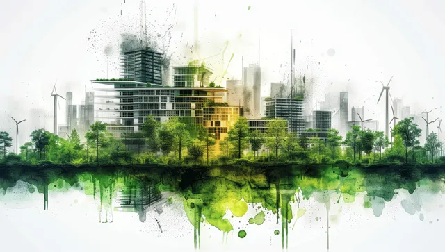 Watercolor cityscape with terraced green buildings and wind turbines over a reflective lake