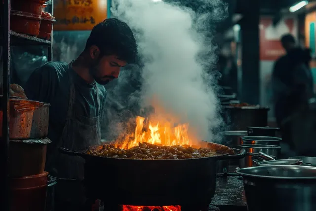 A street cook cooks in a busy kitchen as charcoal flames heat a pot while smoke billows upward.