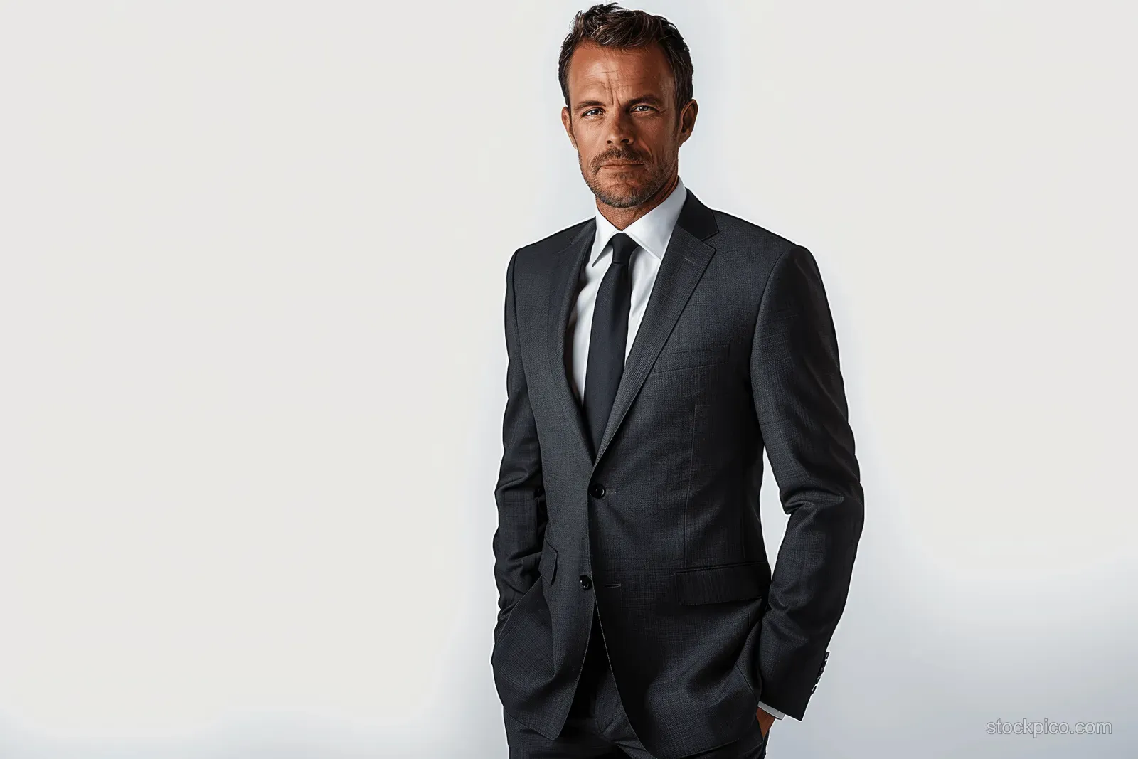 Brunette businessman in a dark suit stands with hands behind his back against a white studio background.