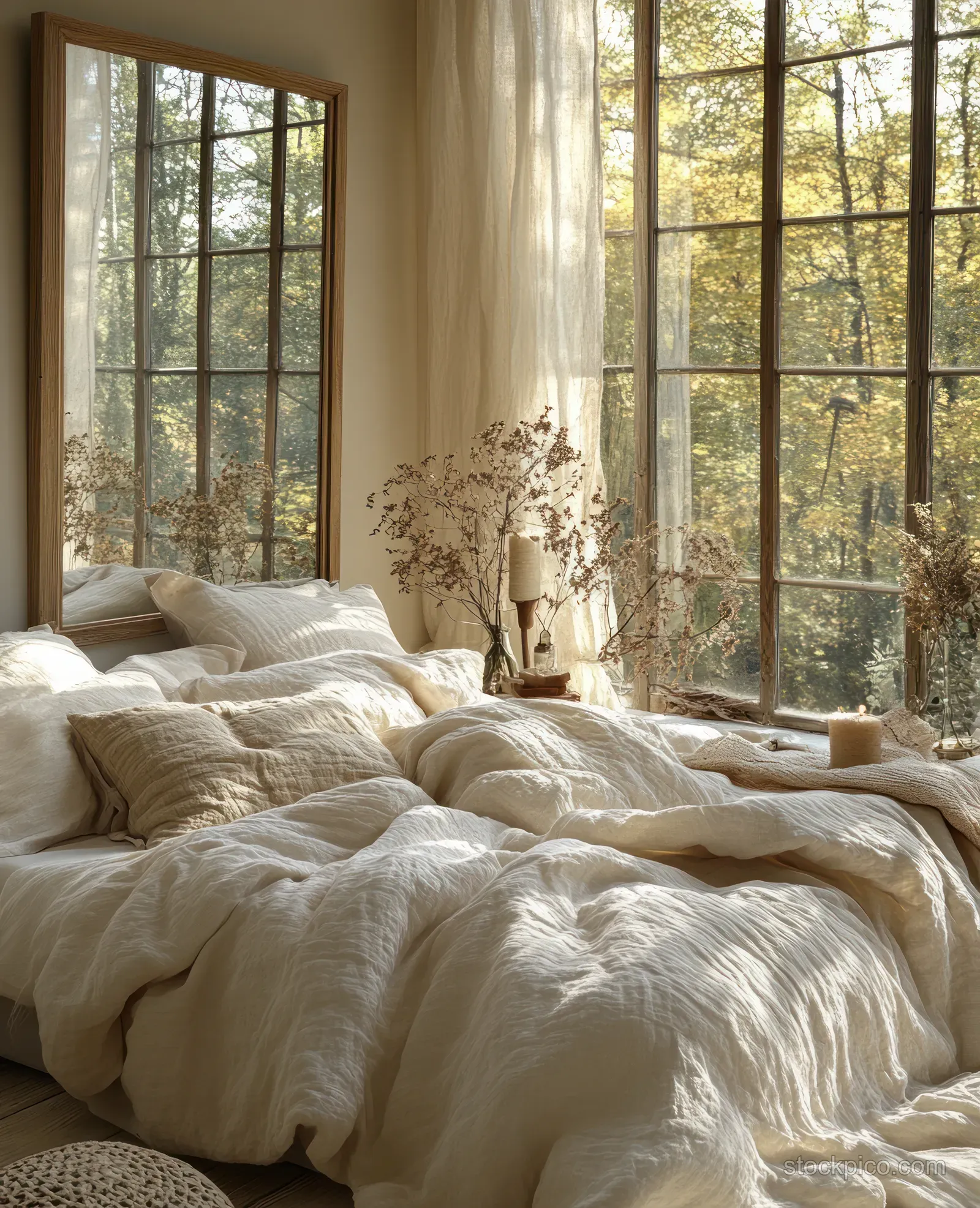 Unmade plush neutral bedding in a minimalist bedroom with morning sunlight and large forest-view windows.
