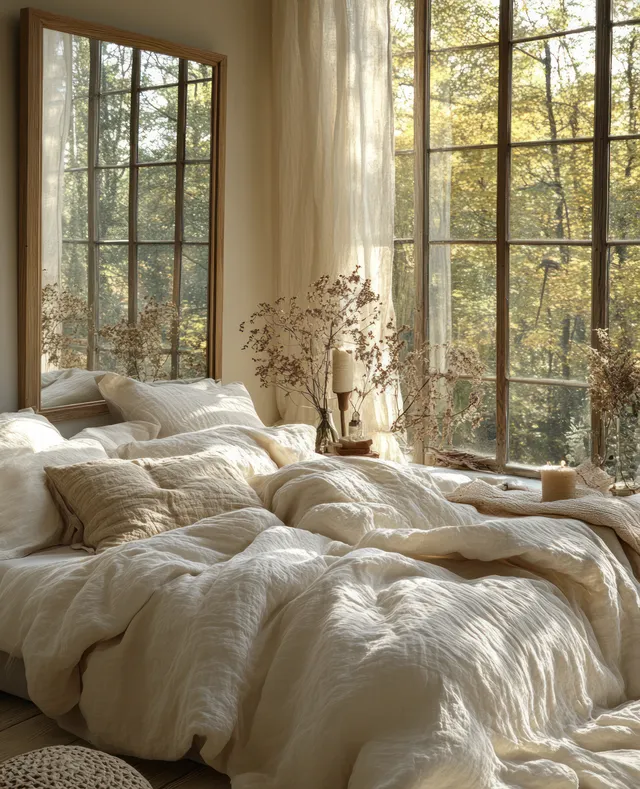 Unmade plush neutral bedding in a minimalist bedroom with morning sunlight and large forest-view windows.