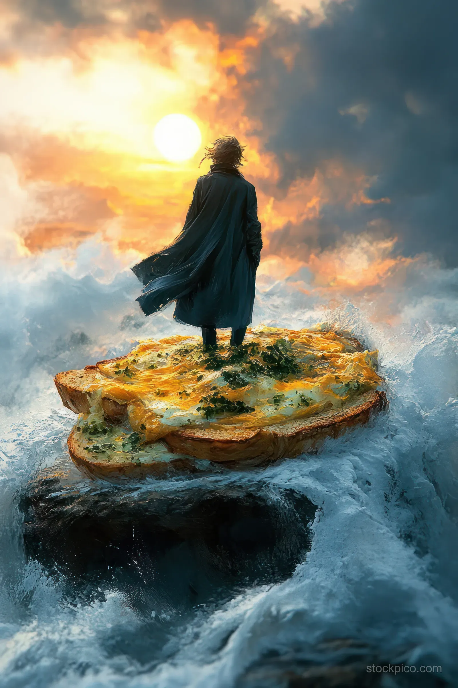 A lone traveler stands on a floating cheesy garlic bread slice above turbulent ocean waves at sunset.