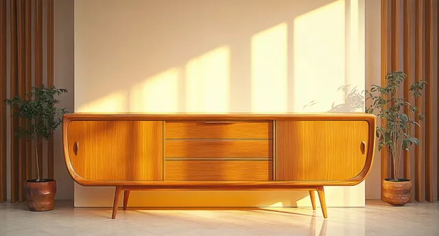 Warm sunlight-lit wooden sideboard with curved edges flanked by potted plants