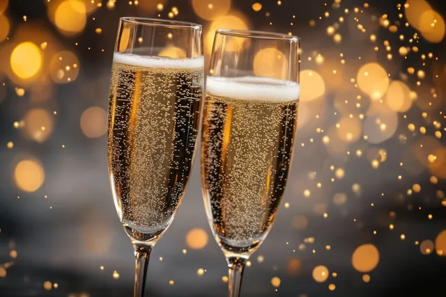 Two champagne flutes clink with golden bubbles against warm festive bokeh lights with Holiday Party Atmosphere