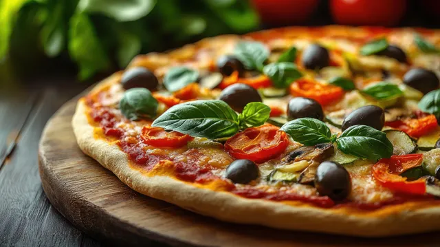 A close-up pizza on a wooden board topped with basil, black olives, cherry tomatoes, and melted cheese.