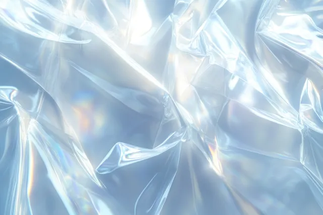 Icy blue abstract background with sunlight flare rays refracting through crumpled crystal-like textures.