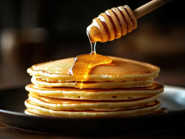 Honey drizzles over a stack of golden pancakes on a plate from a wooden honey dipper.