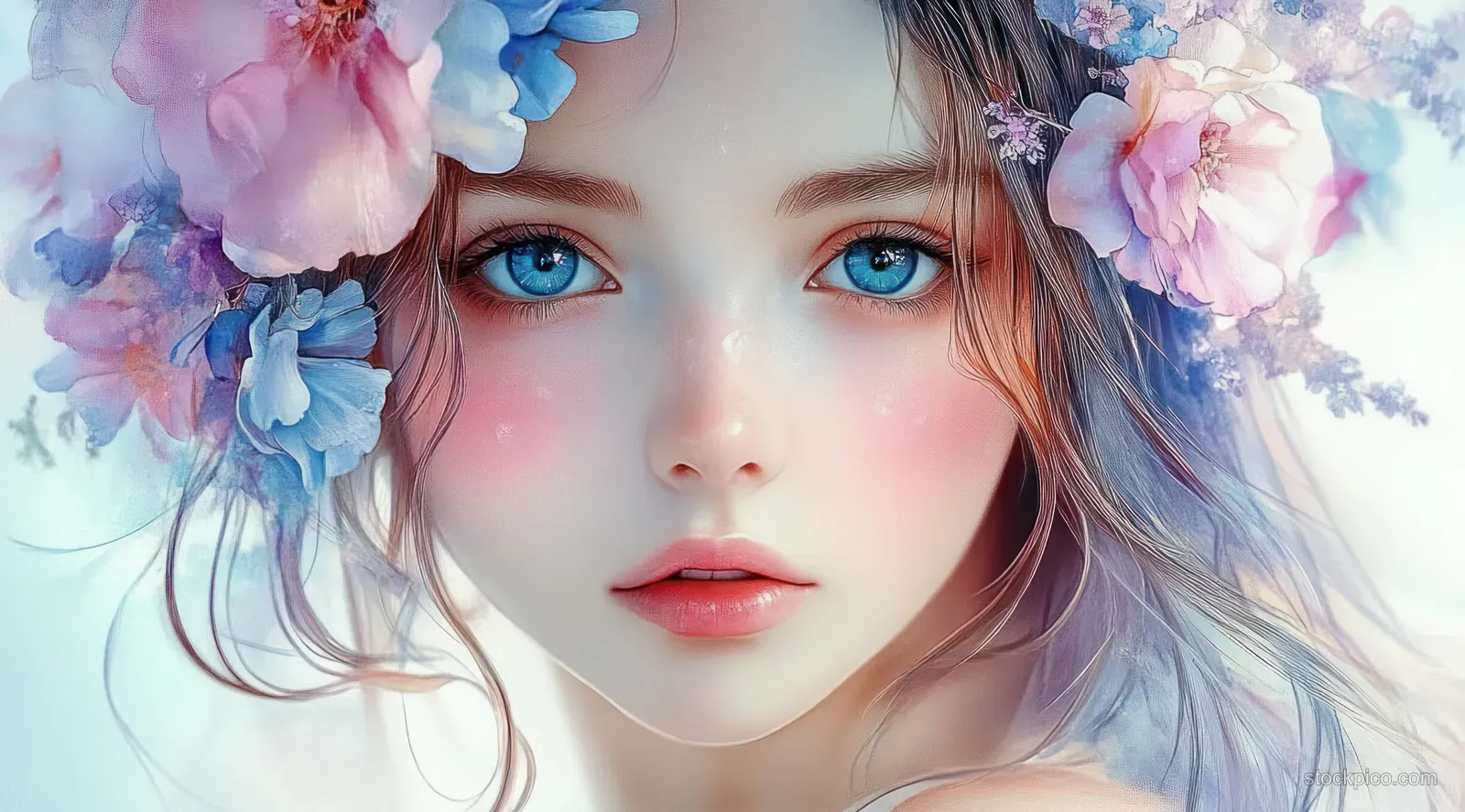 Young woman with blue eyes wearing a pastel flower crown in a soft, dreamy close-up portrait.
