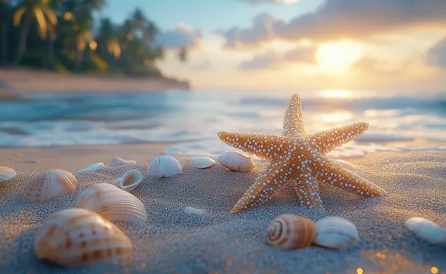 Starfish and seashells on sandy beach with soft sunset sunlight and blurred ocean waves
