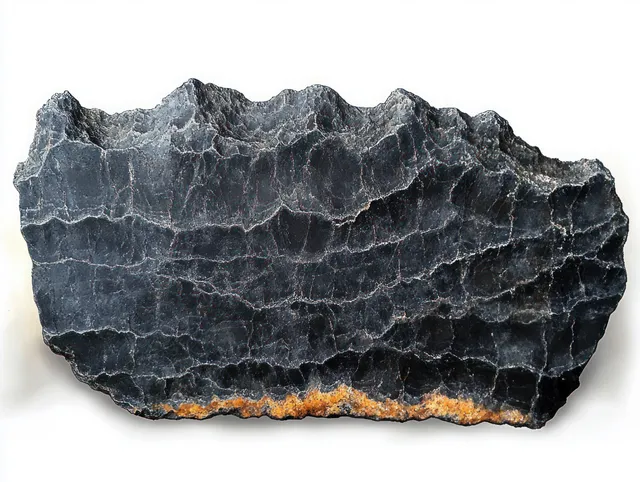 Close-up of a rough black igneous rock specimen with layered cracks and orange mineral deposits along the bottom edge on white background.