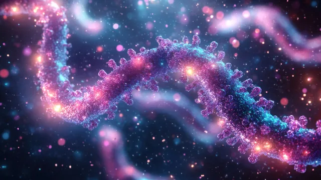 Glowing purple and blue virus-like structure swirls in dark space surrounded by sparkling particles.