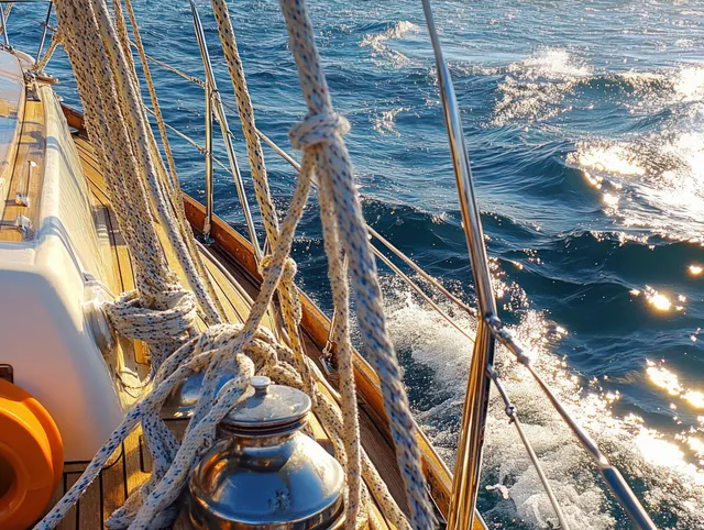 Sailboat rigging close-up with glinting metal fittings and foamy waves beside the deck