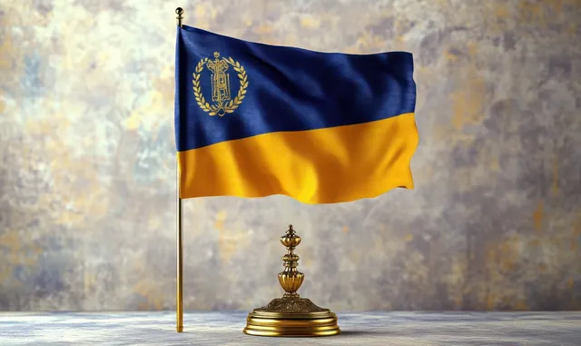 Blue and gold bicolor flag on ornate golden stand with finial against textured neutral backdrop