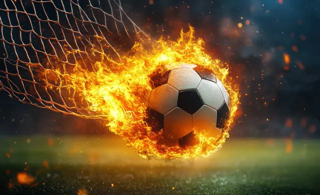 Flaming soccer ball bursts through goal net with fiery glow and stadium motion blur
