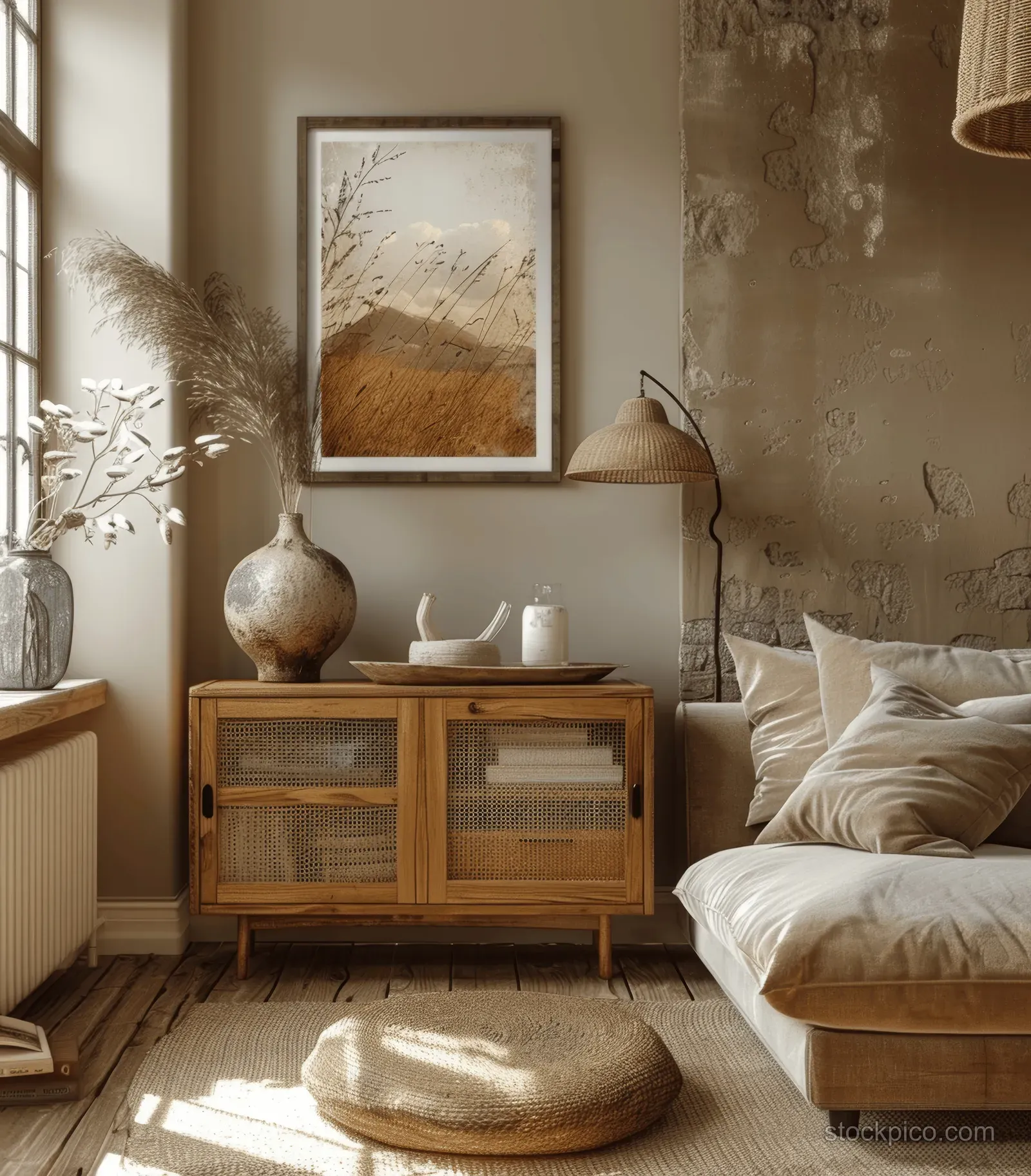 Cozy modern living room with wooden sideboard, framed wall art mockup, table lamp, and sunlight on the floor.