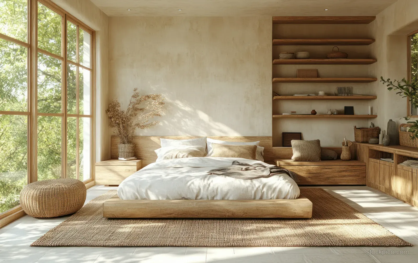 Sunlit minimalist Scandinavian bedroom with a wooden bed, linen pillows, and warm wooden shelves.