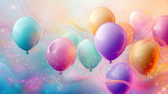 Colorful balloons float upward with sparkling light trails over a soft pastel dreamy background.