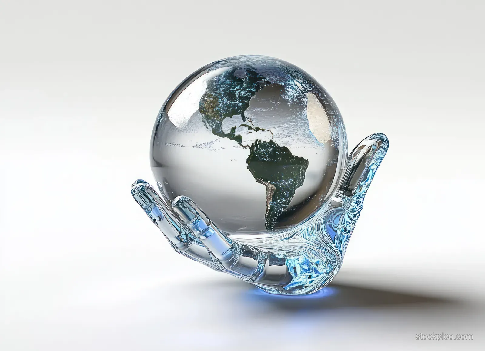 A transparent glass hand cradles a clear globe with the Americas visible, reflecting light on a white background.
