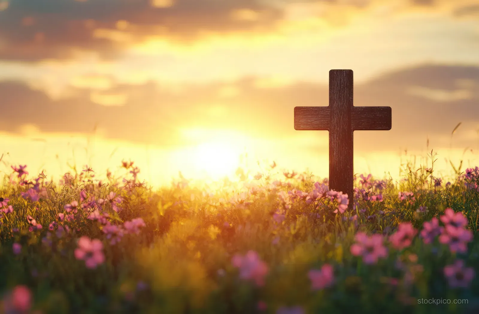 A wooden cross stands among pink and purple wildflowers in a glowing sunset field with clouds behind.