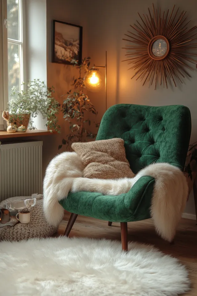 Green armchair with plush blanket in a warmly lit living room beside a small side table and starburst wall decoration.