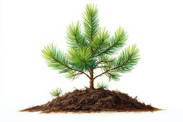 Pine seedling sprouting from rich soil mound on white background, fresh growth