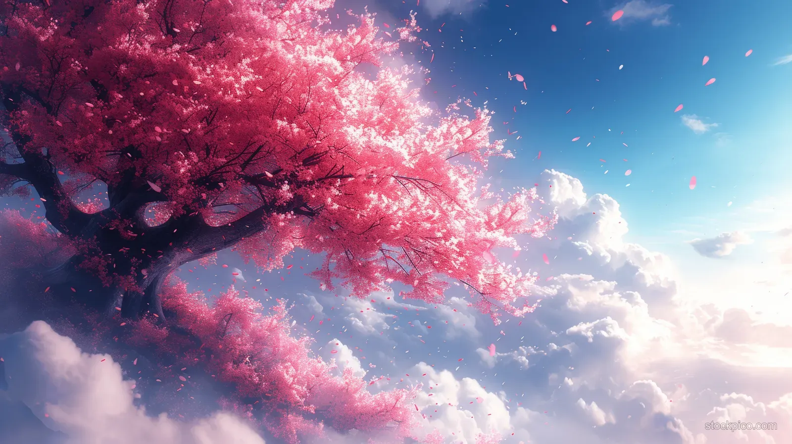 Pink cherry blossom branches bloom across a blue spring sky with drifting petals among soft clouds.