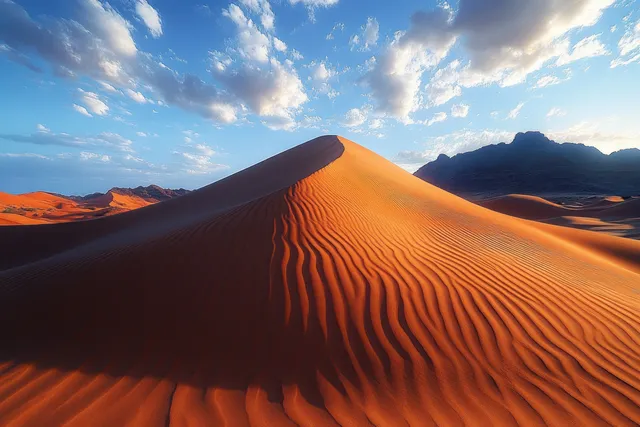Golden sand dune ripples under clouds with distant rocky mountains at sunset horizon