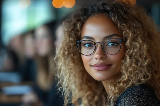 Curly-haired person in the foreground listens as a diverse team discusses ideas in a modern office.