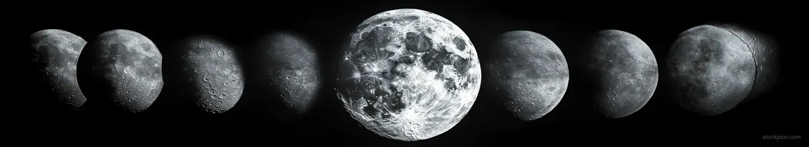 A sequence of moon phases from new to full moon shows changing cratered lunar surfaces in a dark sky.