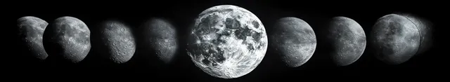 A sequence of moon phases from new to full moon shows changing cratered lunar surfaces in a dark sky.