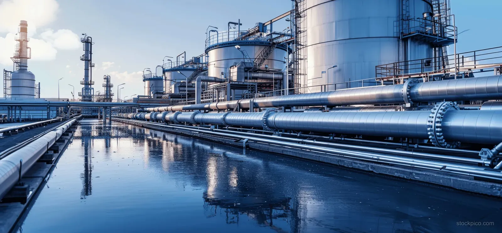 Wide-angle view of hydrogen plant steel tanks and pipe system with blue industrial lighting reflected in water.