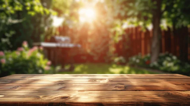 Rustic wooden tabletop in front of a blurred sunny backyard garden with a barbecue grill in the distance.
